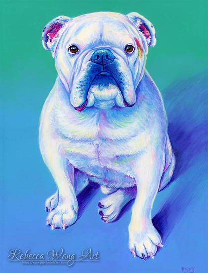 A colorful pet portrait painting of a white English bulldog in bright colors.
