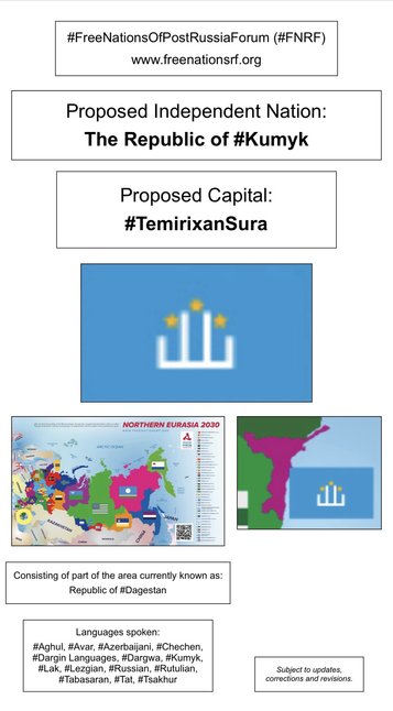 Information, flag, and maps showing proposed independent nation of The Republic of Kumyk (from the website of the Free Nations of Post-Russia Forum).