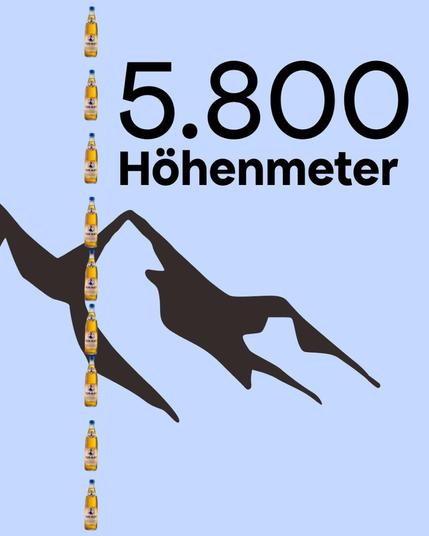 Grauer Hintergrund
Im linken Drittel vertikal eine Reihe von kleinen Mateflaschen. 
Ein stilisierter Berg in der Mitte

Text oben: 5.800 Höhenmeter