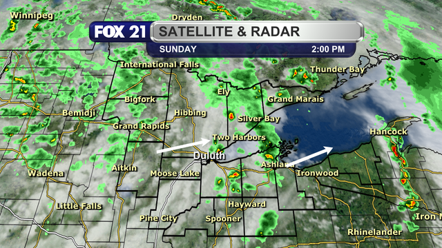 The satellite and radar over the Northland at 2 p.m. on Sunday, June 8, 2025, shows several lines of showers, with some possible lightning and very small hail, working their way from west to east across the region.  There are some streaks of hazy skies in-between the rain.