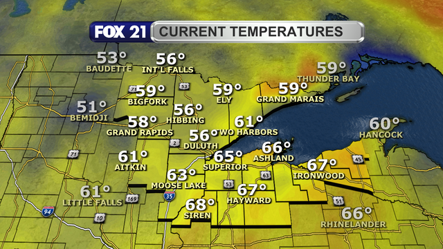 Temperatures in the Northland just before 2 p.m. on June 8, 2025, range from 56 to 68 degrees Fahrenheit.