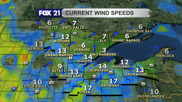 Wind speeds in the Northland just before 2 p.m. on June 8, 2025, range from 3 to 17 mph. Wind direction is primarily from the southwest and west.