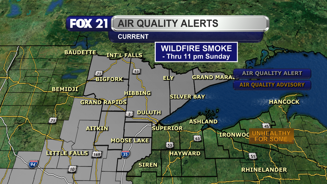An Air Quality Alert is in effect for the Minnesota side of the Northland through 11 p.m. on Sunday, June 8, 2025.  Wildfire smoke from Canada is pushing through the region, with some air quality levels deteriorating to points where it will be unhealthy for parts of the population through Sunday evening.