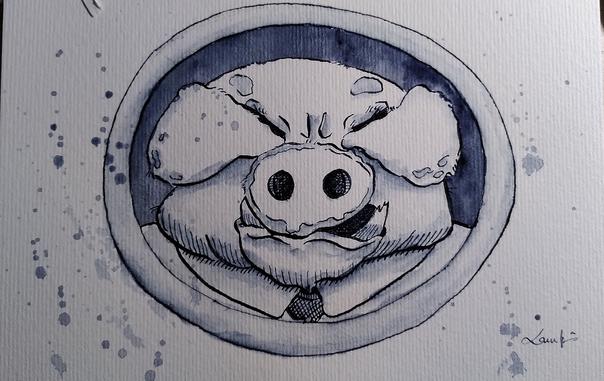 Portrait d'un  vieux cochon énervé en bleu à l'encre et aquarelle.