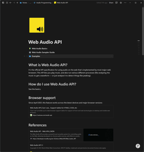 The Notion app with a page open with notes for the Web Audio API. A large yellow square icon with a smaller black volume inside on the bottom right sits on top of page. Below has links to sub pages with guides, a short description of the API, and important links to documentation and resources below those.
