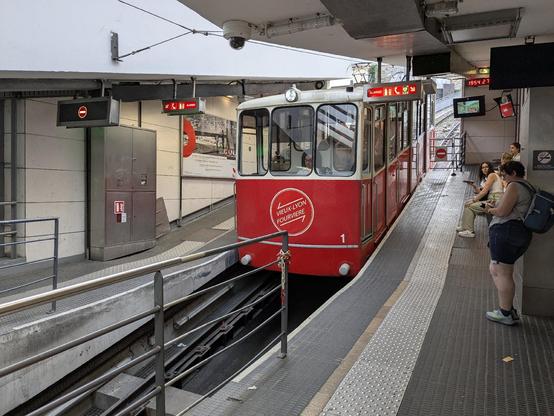 The Fourvière funicular at its lower terminus at Vieux Lyon Cathédrale