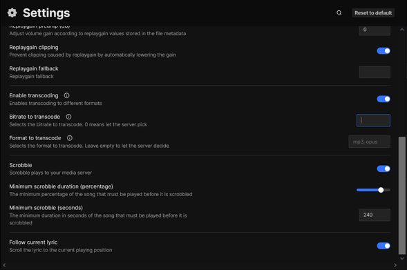 Feishin web UI playback settings, including transcoding