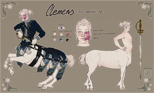 Reference sheet for an albino centaur character, they have a port-wine stain birthmark on the left side of their face and they're dressed in fancy blue & gold clothing & dark harness. They have a sword by their side.