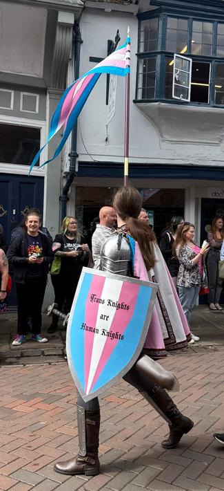 Person dressed as a knight with a trans flag and a cape with a trans flag shield that says “Trans Knights are human Knights”