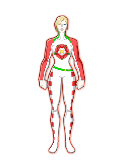 A beautiful pale skinned blonde woman in a white, red, and green bodysuit with a Tudor rose on the chest. Art done in Factory of Heroes.