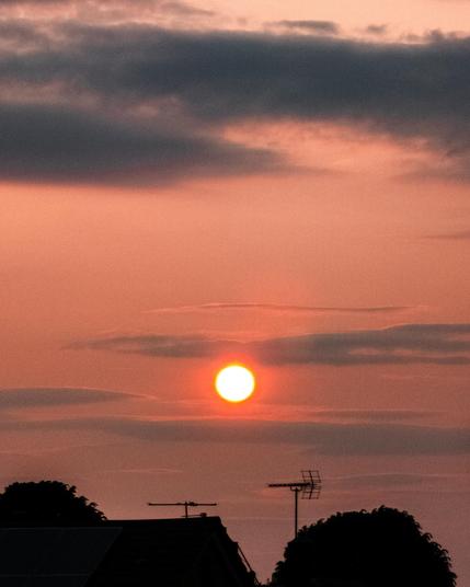 A photograph of a sunset above some silhouetted rooftops of a suburban town east of London. The sky is of a dirty orange hue with no blue hues which are usually associated with a clear sky. The sun a bright orange disc in the sky.