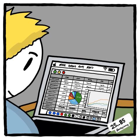 Pictured sitting at my desk with my laptop. Looking at a Numbers spreadsheet with new numbers.