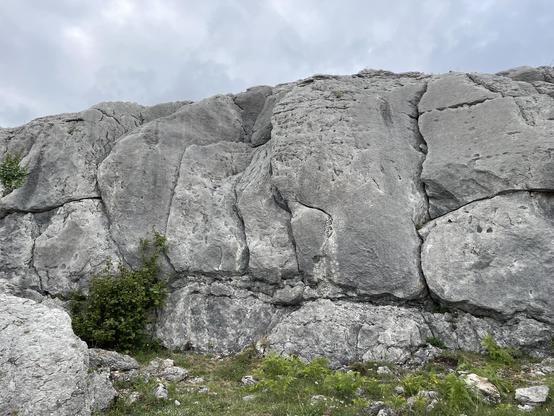 A rockwall with a flaky slab in the center (Midday in the Midlands). No climbing gear. Meadow and some hazel shrubs below and grey sky above.