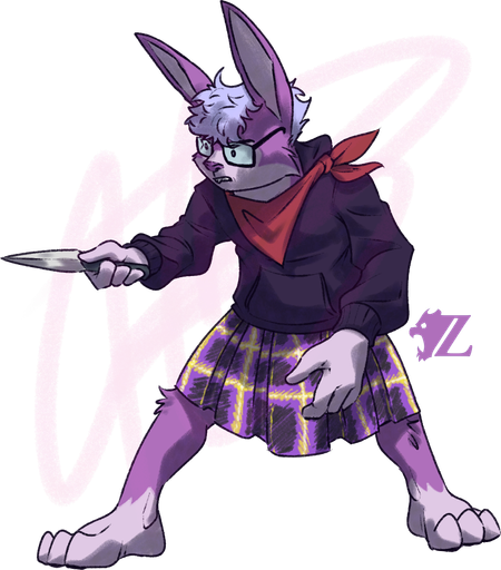 Maxwell, a nonbinary anthropomorphic purple and lavender rabbit, stands in a wide ready stance, with a knife in one hand, and the other hand resting in front of them. They wear a pair of glasses, a dark hoodie, a red bandanna around their neck, and finally a kilt with a tartan in the colors of the nonbinary pride flag.