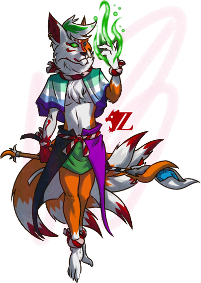 Tiger Demonfox, a male anthropomorphic six-tailed kitsune, floats in the air as he has a hand lifted with green foxfire wisping from it. His other hand is rested as it holds a staff with three smaller foxes wrapped around a blue gem. The right side of his face and his right arm is gray unlike the rest of his orange furred body, along with red markings and a glowing green eyes. He wears a mantle in the colors of the trans-inclusive gay male pride flag on his shoulders, and a long skirt in the colors of the asexual pride flag draped from his hips.