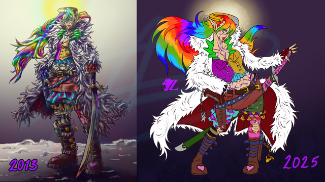 An unnamed female character stands in a sassy pose with one hand on her hip, the the other resting on the hilt of her no-dachi. She has long flowing rainbow hair, capped with a demonic horn which twists around into an angelic halo. She wears a long billowing coat made of feathers, as well as various bits of mismatching clothing on her shapely body, ending in a pair of boots with hearts on the toes. He has the aforementioned katana sheathed behind her, as well as a pair of pistols holstered on her right hip and left leg, both with chains dangling from the butt of the grip. Finally, she has intricate tattoos on her face and torso, running with light along their paths.
