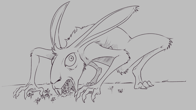 A sketch of a manic hare digging its lower jaw into the soil to scoop up as much clover as he can, his eyes unhinged and wide open as he does so.