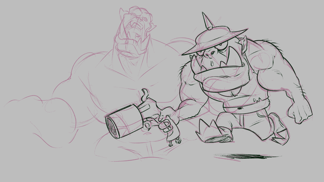 A sketch of an ork from the Warhammer 40,000 franchise running with a shoota in his hand, looking mindlessly from beneath a spiked helm.