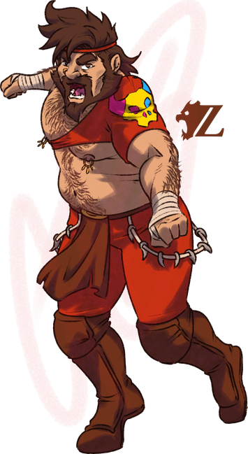 Vinden, a white male human, lurches forward towards the viewer, ready to deliver a lariat at their chest and throat. He has long brown hair somewhat kept in place by a red headband, as well as a thick beard. He wears a red shoulder sleeve with a skull motif on it in the colors of the pansexual pride flag, as well as wraps on his wrists and hands. Finally, he wears red tights, brown kneepads and boots, a brown loincloth, and strings with various fangs draped on his thighs.