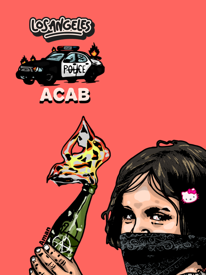 Uma ilustração em estilo gráfico apresenta uma figura feminina segurando uma garrafa incendiária, com fundo de protesto em alusão aos protestos de Los Angeles contra a política antiga imigração de Donald Trump e a violência policial e estatal contra os imigrantes.

A composição da imagem é centralizada na figura, com a garrafa incendiária como elemento principal. O artista posicionou a figura de forma a chamar a atenção para o ato de protestar. O fundo apresenta uma cor sólida, contrastando com o elemento de protesto, como forma de enfatizar a ação. O estilo gráfico destaca-se com linhas grossas e cores vibrantes.