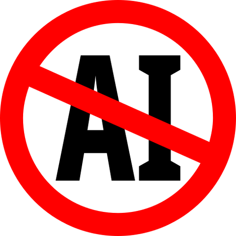 A red crossout circle over the word "AI" which is in black