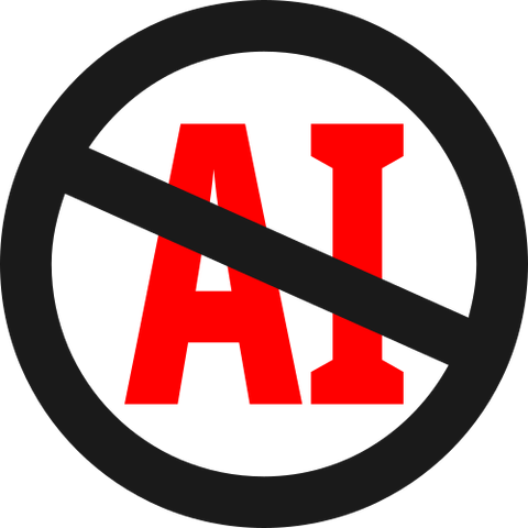 A black crossout circle over the word "AI" which is in red