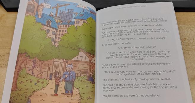 A double-page of the book with a picture on the left side and text on the right side