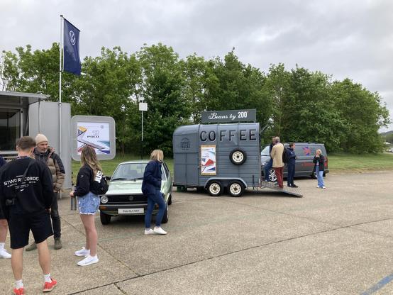 Horse box with open rear ramp serving coffees