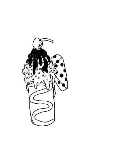 Digitally inked pencil sketch of a milkshake with sauce, sprinkles, ice cream and a cherry .
