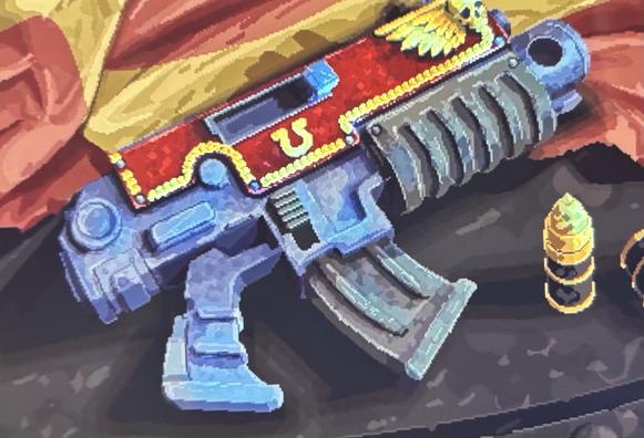 Pixel art-style close-up of a Warhammer 40K Boltgun resting on a dark surface, adorned with red and gold Ultramarine insignia. Bright cartridges lie beside it. A tattered Imperial banner forms the background, evoking retro shooter aesthetics and militant glory.