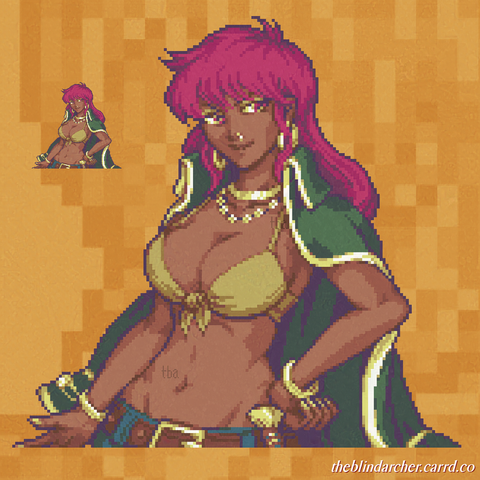 A 16 bit pixel art half-body portrait of a woman with a dark complexion, burgundy hair and eyes, and a voluptuous figure.  She is standing contrapposto with one hand resting on her hip and the other off  to the side.  She is wearing multiple gold accessories including a choker, earrings, nose piercing, bangles, and a necklace.  She wears a dark green jacket as if it were a cape.  She wears a beige bustier and blue low-rise slacks with the pommel of a dagger visible on her belt.  The art is of an original character made as part of an art trade.