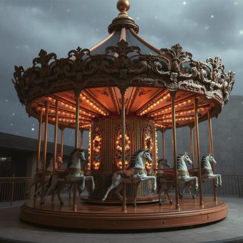 Old fashioned carousel with horses and golden lights against a grey landscape, with stars above
