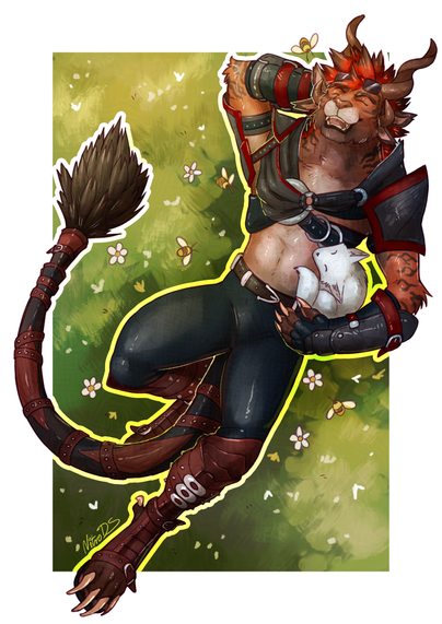 brown char with flaming red hair relaxing on a sunny day with his trusted foxy companion and little beezs  buzzing around them