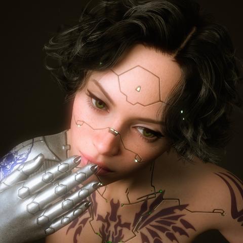 This image is a close-up, high-detail portrait of a cyberpunk-styled woman with soft features and curly black hair. Her expression is pensive, almost melancholic, as she touches her lips with a sleek, silver cybernetic hand. Her skin is light and freckled, and her e4yes are vivid green.

Visible across her face, neck, and chest are fine, embedded circuits glowing softly green—implying a seamless integration of technology into her body. A network of these lines runs across her forehead and cheekbones in geometric patterns, lit with small, luminous nodes. On her shoulder and upper chest, a large, deep purple tattoo resembling wings or a stylized dragon spreads out symmetrically, blending body art with embedded tech.

The overall mood is introspective and intimate, with a dim background that draws all attention to the subject's detailed fusion of human vulnerability and machine precision.