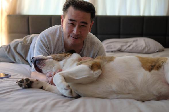 A man lying on the bed and his white and brown dog lying sideways on front of him