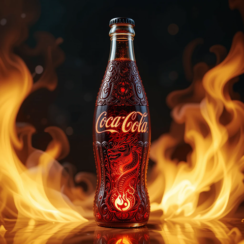 Botella de Coca-Cola con un diseño elaborado y un fondo de llamas.