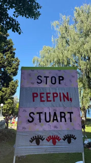 large homemade sign at the park reads "Stop Peepn' Stuart"