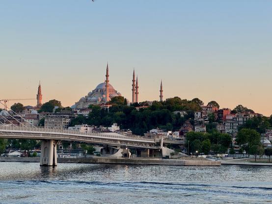 Suleymans mosque over the bosphorous in pink sunset
