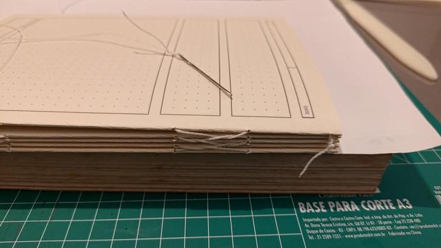 Foto mostra um caderno/journal/diário sendo construído: visto pela lombada, tem quatro cadernos de folhas dobradas ao meio empilhadas. Por furos nas dobras passa um fio branco que se entrelaça entre os fios saindo de cada bloco e termina em uma agulha que repousa sobre a pilha. A pagina dr cima trem três campos retangulares com uma rede de pontos.