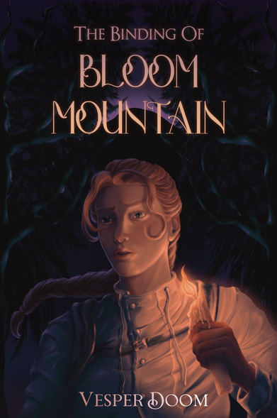 Book cover for 'The Binding of Bloom Mountain' by Vesper Doom, featuring a young woman holding a candle in a dark, wooded environment.