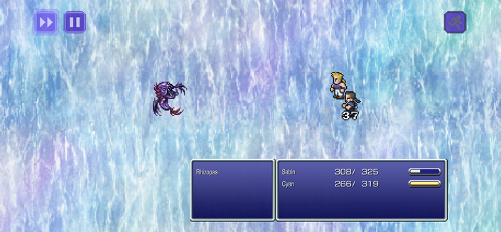 A view from above of a snowy landscape, showing two figures standing on either side. One figure appears to be holding a staff, and both have small, white tails suggesting they might be fox-like creatures.