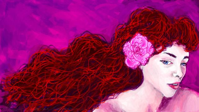 A young woman with pale skin and flowing dark reddish/orange hair. A flower tucked behind her ear.