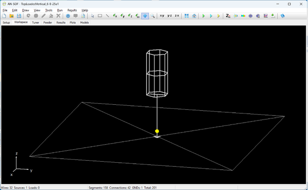 Screen grab for the top loaded vertical antenna model. Without regard to actual frequencies covered, constructed a 0.2m vertical with the upper half being a cylinder of ~ 0.0.45m diameter. Then just ran the analysis to see how it behaved (and where it might be resonant).
