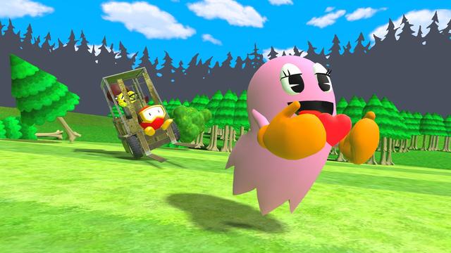 Pinky carrying a heart while there is somebody driving a forklift behind her.