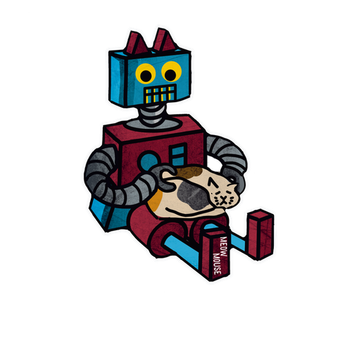A robot comforts a sad and sleepy cat on its lap.