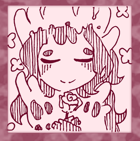 An ink drawing of a Dead Man's Fingers mushroom girl, her eyes closed peacefully as she clasps a rose.