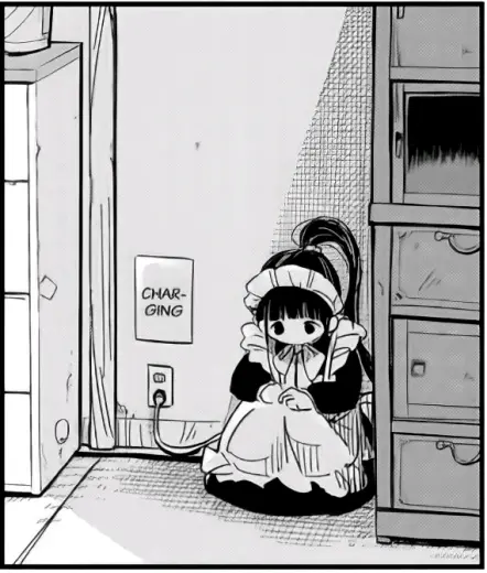 manga panel. a small wearing a maid outfit is sitting on the floor, nesseled into a corner near a big drawer. she is pluged into a wall outlet. a small rectangular textbox says "charging".
