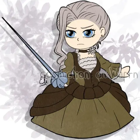 Digital flat color illustration of Frances Midford from Black Butler, drawn in chibi style. She is pointing her sword at an unseen threat with a serious expression. The background is white with a floral pattern in grey tones.