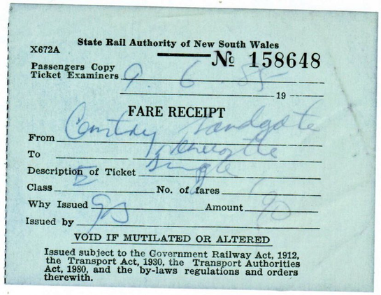 A hand-written ticket (fare receipt) for a single trip from Sandgate Cemetery to Newcastle dated June 9 1985.