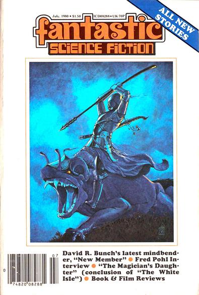 A figure in armour holds a spear/lance over its head in both hands, ready to strike, riding on the back of a dinosaur/lizard creature; the whole image dark and in blue-black tones.
Magazine cover from 1980.